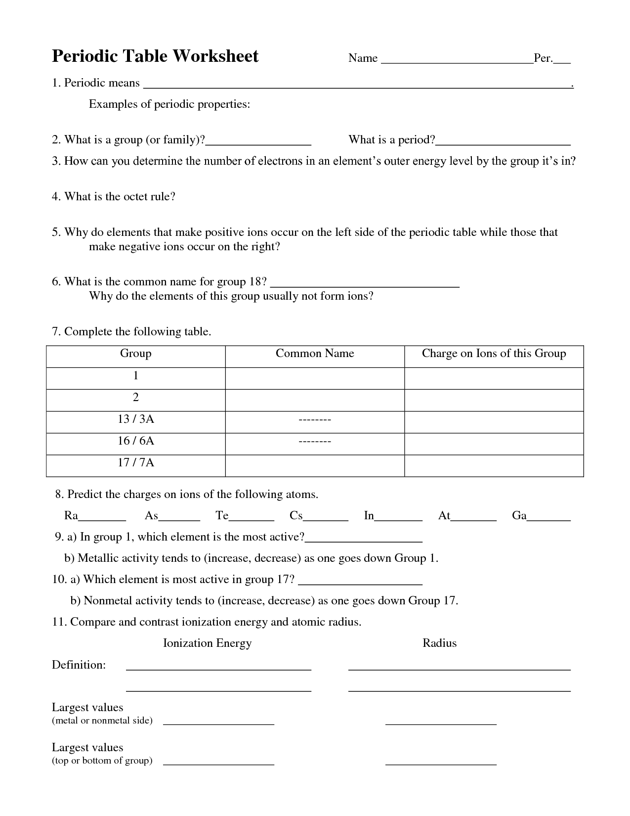periodic table worksheet chemistry answers